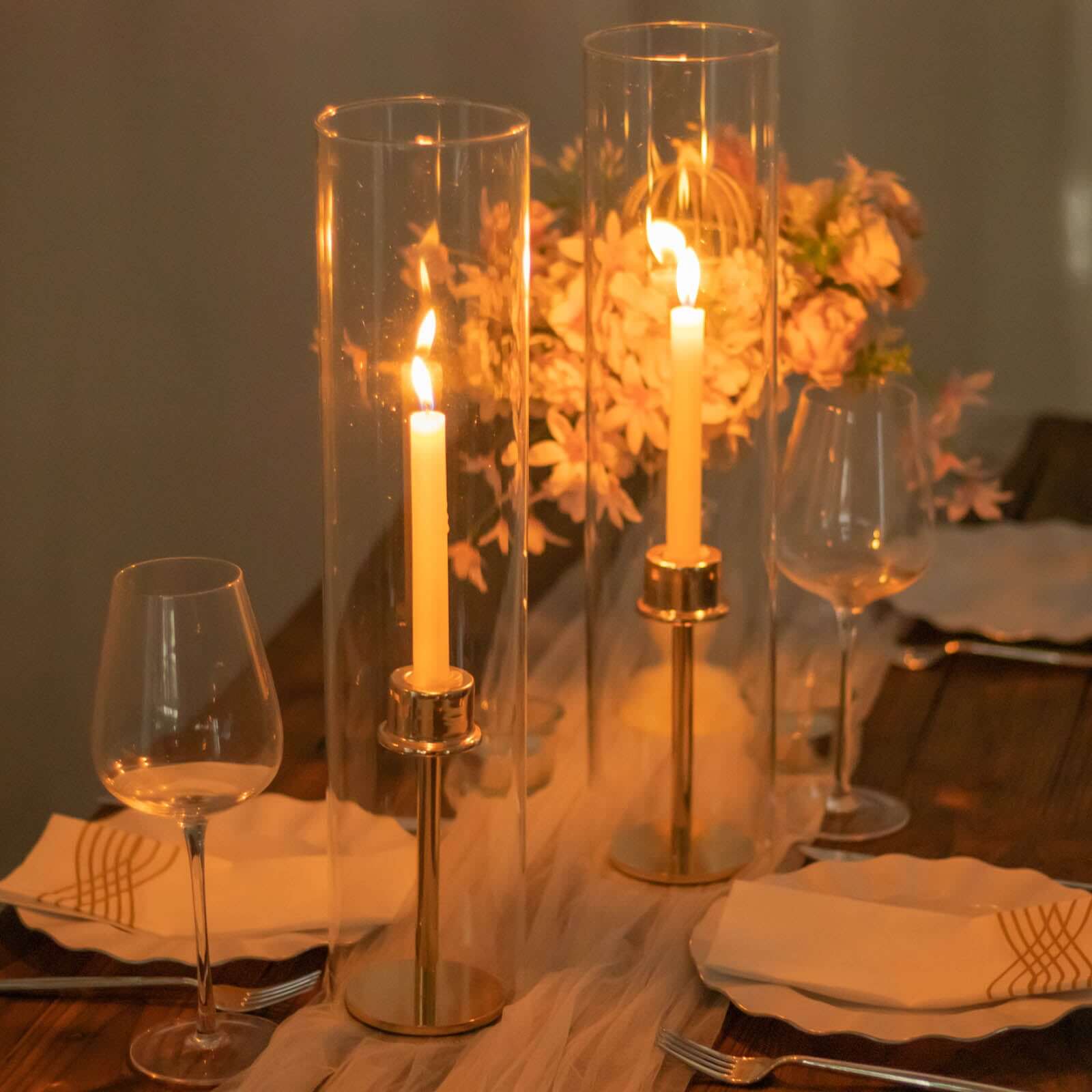 2-Pack Glass Candelabra Shades Open End Hurricane Design 18" Clear - Stylish Table Centerpiece for Weddings & Gatherings